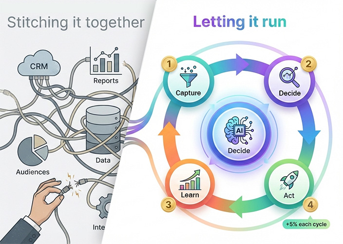 Marketing infographic split into two halves. Left: Stitching it together, with tangled cables connecting CRM, Reports, Data, Audiences, and Integration icons and a hand struggling to connect them. Right: Letting it run, with a clean four-step circular workflow around a central AI engine.